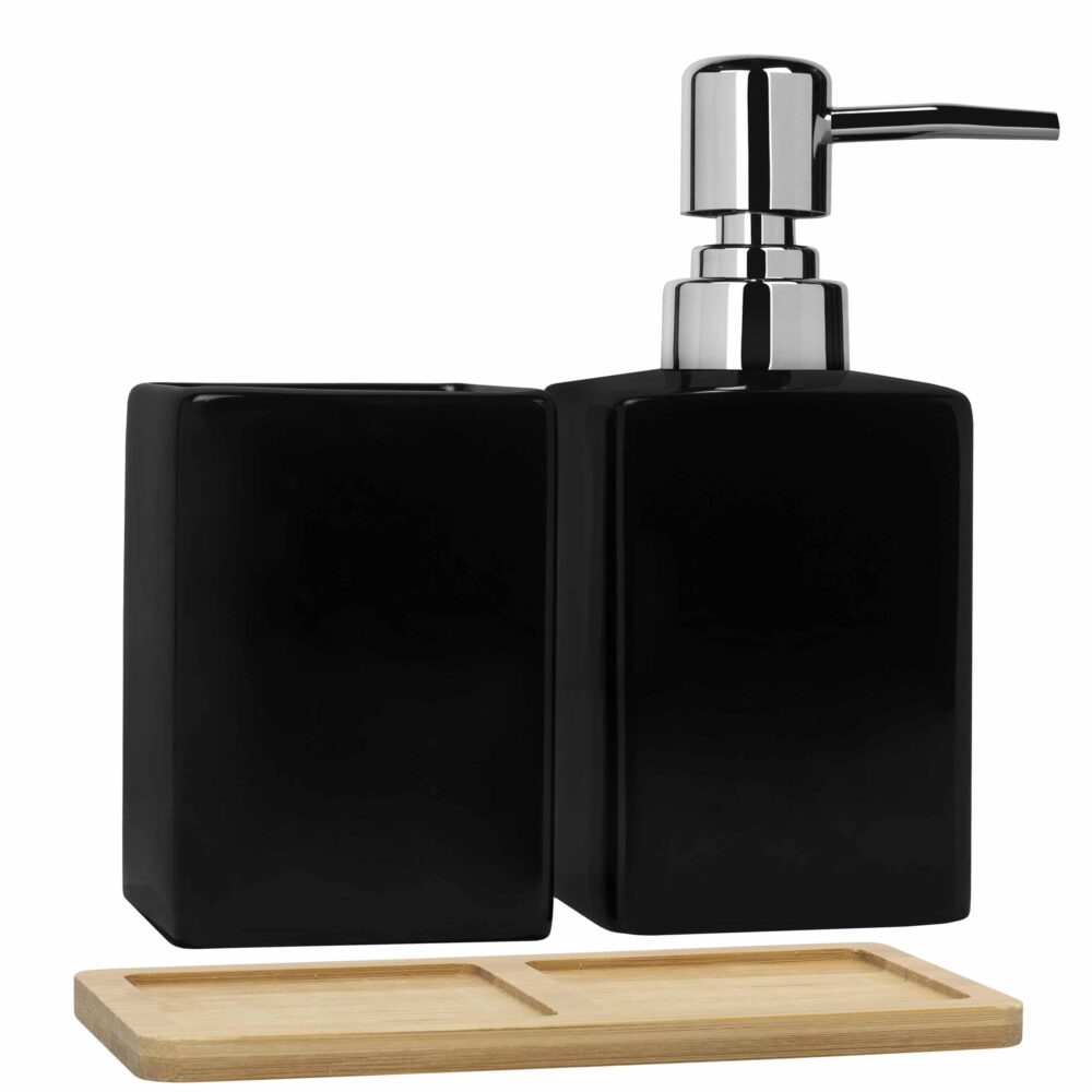 Houten plankje met zeepdispenser in het zwart van keramiek