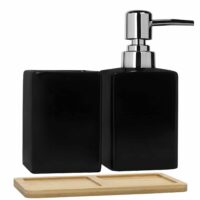 Houten plankje met zeepdispenser in het zwart van keramiek