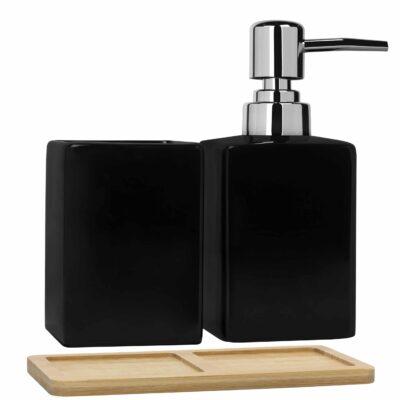 Houten plankje met zeepdispenser in het zwart van keramiek