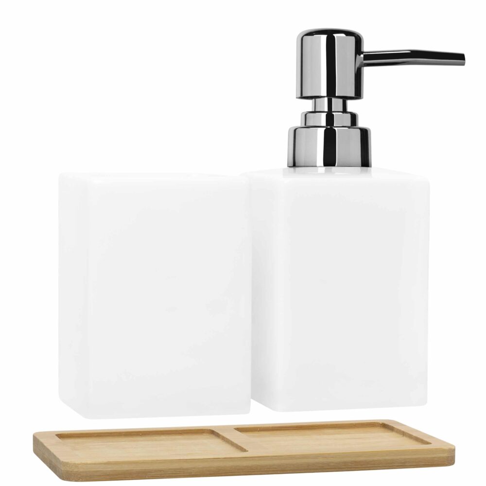 Witte zeepdispenser met tandenborstelbakje met houten plank