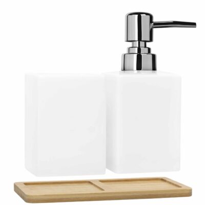 Witte zeepdispenser met tandenborstelbakje met houten plank