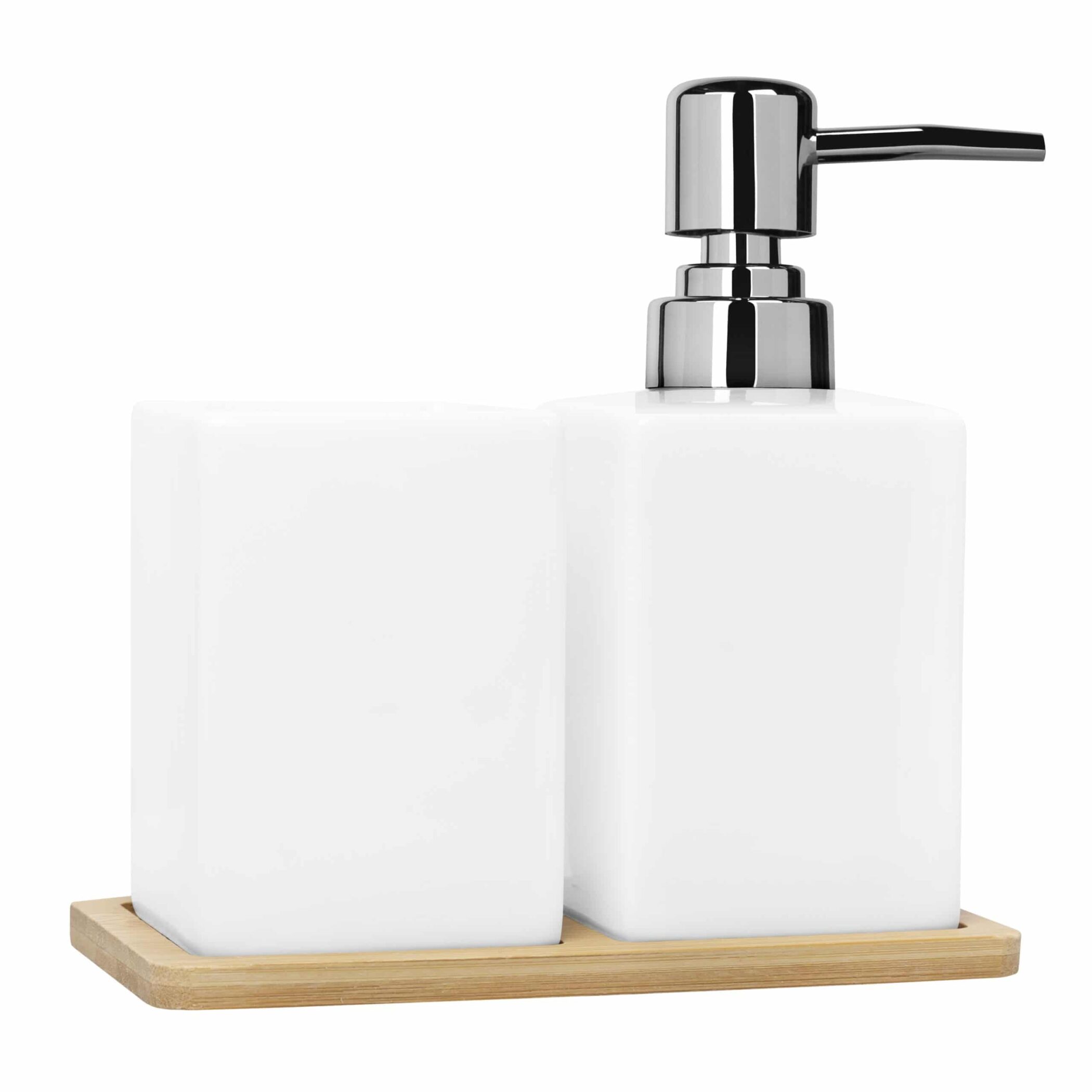 QUVIO Zeepdispenser met tandenborstelbeker + houten onderzetter - Wit