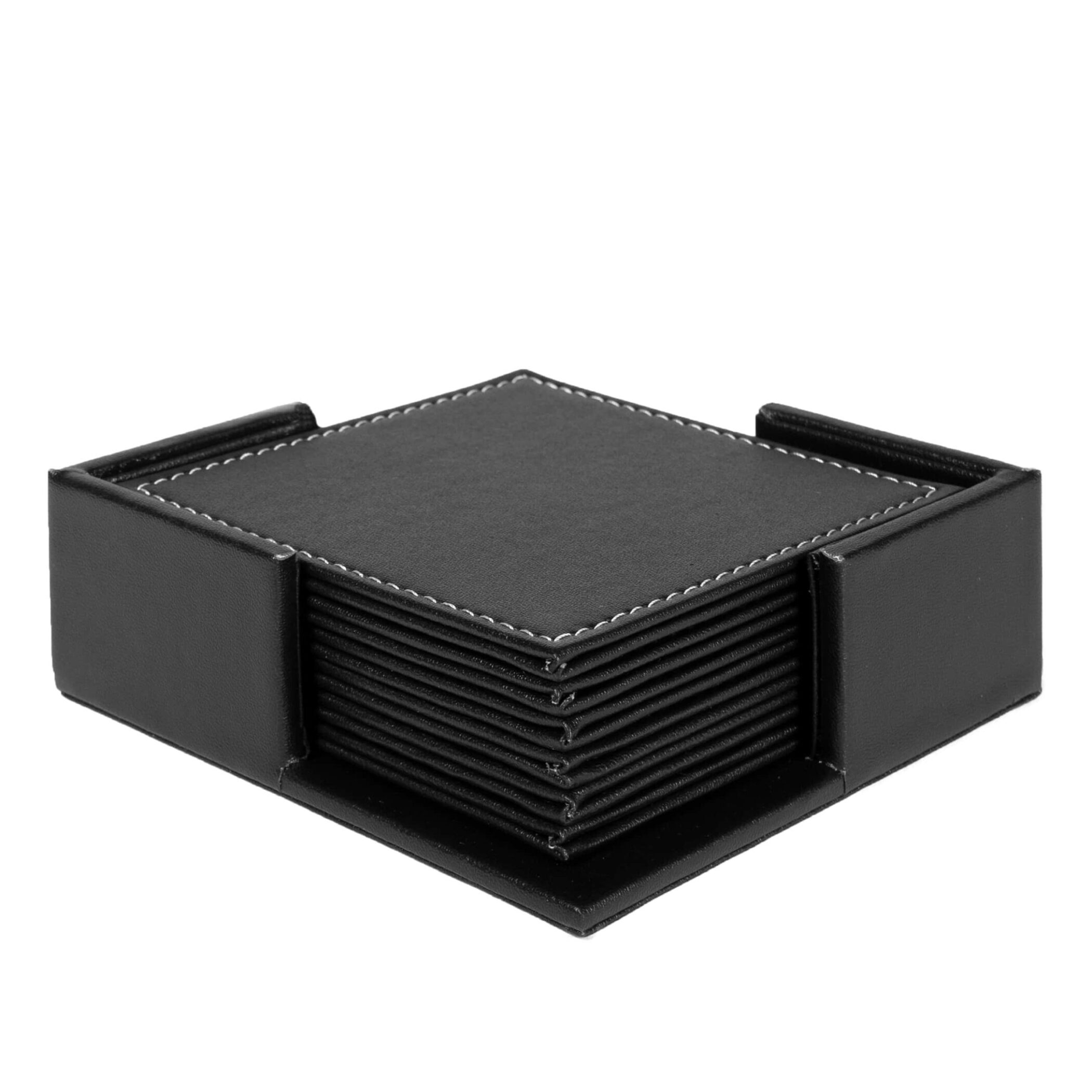 QUVIO Onderzetters incl. houder 6 stuks - 10 x 10 cm - Leer