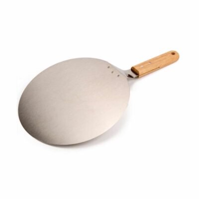 achterzijde van rvs pizzaschep met houten handvat